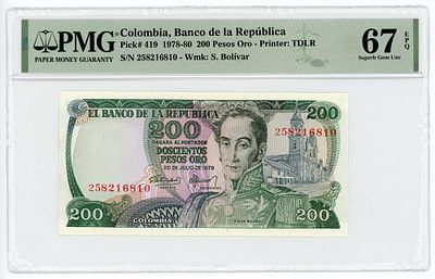 Колумбия 200 песо оро 1978-1980 гг. P-419 PMG 67 EPQ Superb Gem UNC