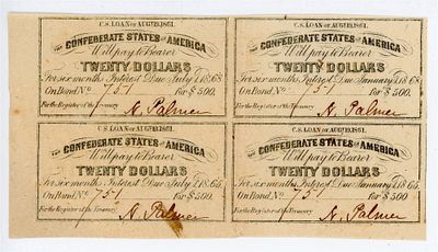 США Конфедерация Юг Бонды Лист 4 х 20 долларов 1865-1868 гг. Край листа XF