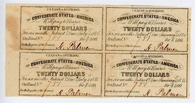 США Конфедерация Юг Бонды Лист 4 х 20 долларов 1871-1874 гг. Край листа XF