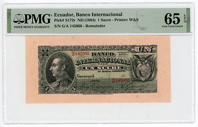 Эквадор 1 сукре 1884 г. P-S172r PMG 65 EPQ UNC