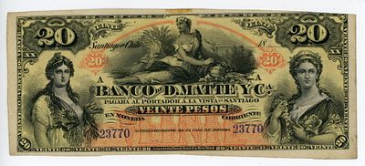 Чили Banco de D. Matte YCa 20 песо 1888 P-S279r XF-AUNC