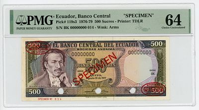 Эквадор 500 сукре 1976-1979 гг. ОБРАЗЕЦ SPECIMEN P-119s3 PMG 64 UNC