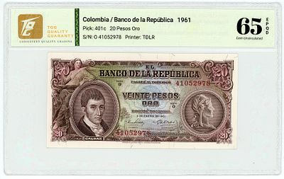 Колумбия 20 песо оро 1961 г. P-401c TQG 65 EPQD Gem UNC