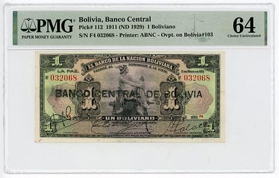 Боливия 1 боливиано 1911 (1929) г. Черная надпечатка P-112 PMG 64 UNC