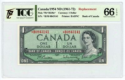 Канада 1 доллар 1954 г. ЗАМЕЩЕННАЯ СЕРИЯ P-75b* TQG 66 EPQD UNC