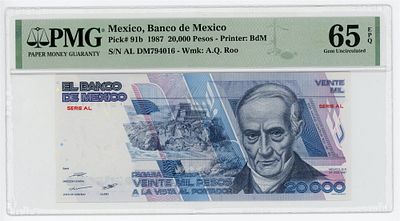 Мексика 20000 песо 1987 г. PMG 65 EPQ UNC