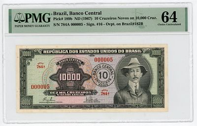 Бразилия 10 новых крузейро на 10000 крузейро 1967 г. НАДПЕЧАТКА P-189b PMG 64 UNC