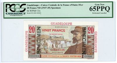 Гваделупа 20 франков 1947-1949 гг. ОБРАЗЕЦ SPECIMEN P-33s PCGS 65 PPQ Gem UNC