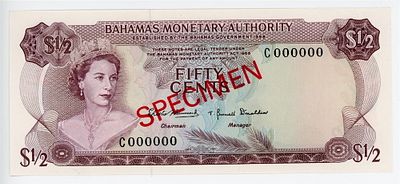 Багамы Багамские острова 1/2 доллара 50 центов 1968 г. ОБРАЗЕЦ SPECIMEN P-26s UNC