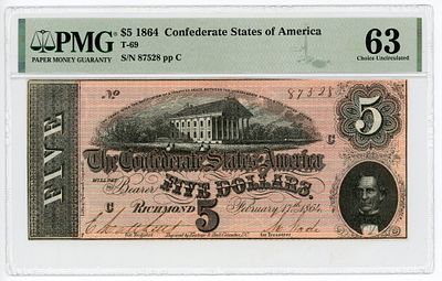 США Конфедерация 5 долларов 1864 г. PMG 63 UNC