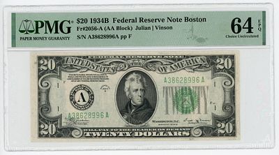США 20 долларов 1934 г. Block AA Fr-2056-A Julian / Vinson PMG 64 EPQ Choice UNC