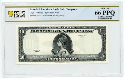 США Эстония 10 Units 1929 г. Черная ABNC Specimen PCGS 66 PPQ Gem UNC