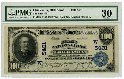 США Оклахома Чикаша Chickasha 100 долларов 1902 г. Fr#705 PMG 30 VF