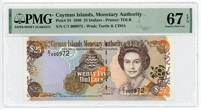 Кайманы Каймановы острова 25 долларов 1998 г. P-24 PMG 67 EPQ Superb Gem UNC