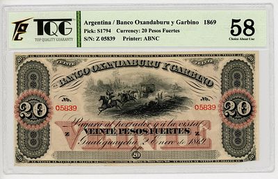 Аргентина 20 Песо 1869 г. P-S1794 TQG 58 Choice AUNC