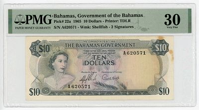 Багамы Багамские острова 10 долларов 1965 г. P-22a PMG 30 VF