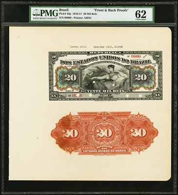 Бразилия 20 мил рейс 20000 рейс 1910-1911 гг. PROOF Front&Back P-45p PMG 62 UNC. Бразилия 20 мил 