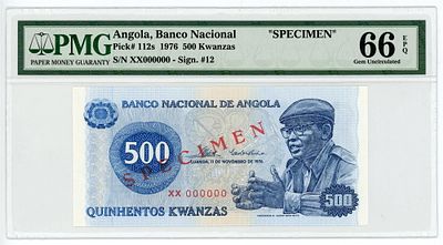 Ангола 500 кванза 1976 г. ОБРАЗЕЦ SPECIMEN P-112s PMG 66 EPQ UNC