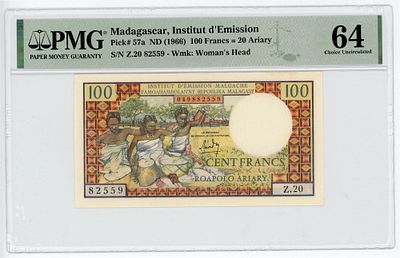 Мадагаскар 100 франков 1966 г. P-57a PMG 64 UNC