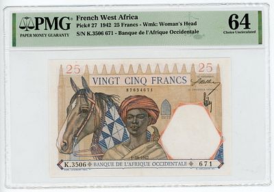 Французская Западная Африка 25 франков 1942 г. P-27 PMG 64 UNC