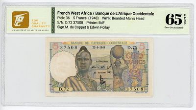 Французская Западная Африка 5 франков 1948 г. P-36 TQG 65 EPQD Gem UNC
