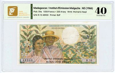 Мадагаскар 1000 франков / 200 ариари 1966 г. P-59a TQG 40 XF