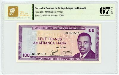 Бурунди 100 франков 1986 г. P-29b TQG 67 GEPQ Superb Gem UNC