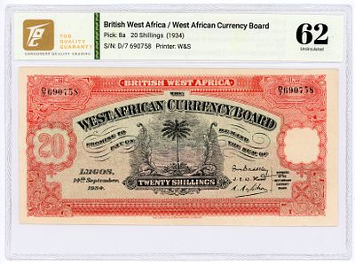Британская Западная Африка 20 шиллингов 1934 г. P-8a TQG 62 UNC