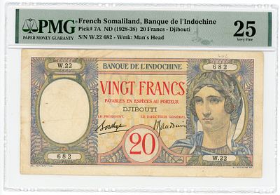 Французский Сомалиленд Джибути 20 франков 1928-1938 гг. P-7A PMG 25 VF