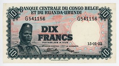 Бельгийское Конго Руанда-Урунди 10 франков 1955 г. P-30 AUNC-UNC