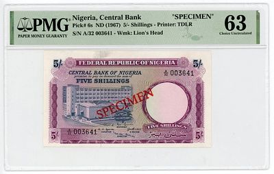 Нигерия 5 шиллингов 1967 г. ОБРАЗЕЦ SPECIMEN P-6s PMG 63