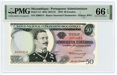 Мозамбик 50 эскудо 1970 г. БЕЗ НАДПЕЧАТКИ P-111 PMG 66 EPQ UNC
