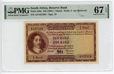 ЮАР Южная Африка 1 ранд 1961 г. P-103a PMG 67 EPQ Superb Gem UNC