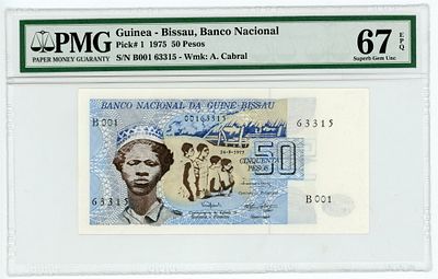 Гвинея-Бисау 50 франков 1975 г. P-1 PMG 67 EPQ UNC