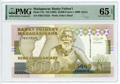 Мадагаскар 5000 ариари / 25000 франков 1993 г. P-74A PMG 65 EPQ Gem UNC