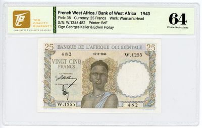 Французская Западная Африка 25 франков 1943 г. P-38 TQG 64 Choice UNC