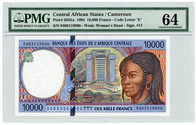 Камерун "E" Центральные Африканские Штаты 10000 франков 1994 г. P-205Ea PMG 64 Choice UNC