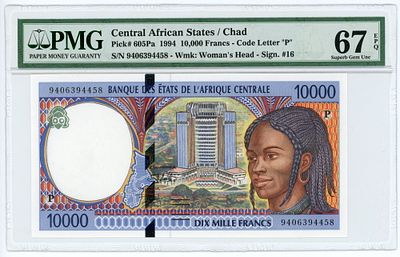 Чад "P" Центральные Африканские Штаты 10000 франков 1994 г. P-605Pa PMG 67 EPQ Superb Gem UNC
