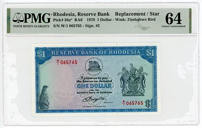 Родезия 1 доллар 1979 г. Замещенная серия W/1 P-38a PMG 64 Choice UNC