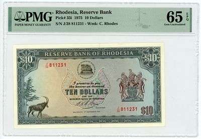 Родезия 10 долларов 1975 г. P-33i PMG 65 EPQ Gem UNC