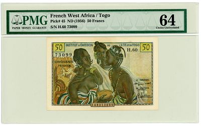 Французская Западная Африка Того 50 франков 1956 г. P-45 PMG 64 UNC