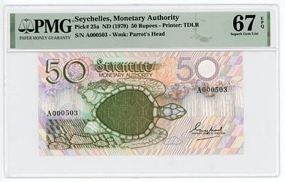 Сейшелы Сейшельские острова 50 рупий 1979 г. НИЗКИЙ НОМЕР P-25a PMG 67 EPQ UNC