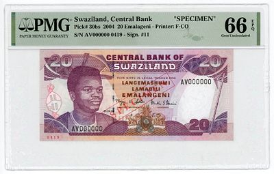 Свазиленд 20 эмалангени 2004 г. ОБРАЗЕЦ SPECIMEN P-30bs PMG 66 EPQ UNC