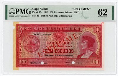 Кабо-Верде 100 эскудо 1945 г. ОБРАЗЕЦ SPECIMEN P-45s PMG 62 UNC