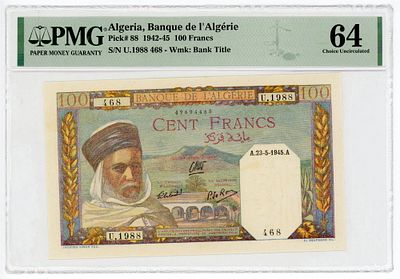 Алжир 100 франков 1942-1945 гг. P-88 PMG 64 UNC