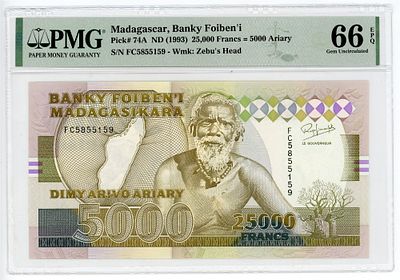 Мадагаскар 5000 ариари / 25000 франков 1993 г. P-74A PMG 66 EPQ Gem UNC