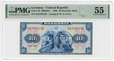 Германия ФРГ 10 немецких марок 1948 г. P-5b Штамп "B" в круге PMG 55 About UNC