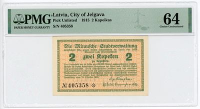 Латвия Елгава Митава 2 копейки 1915 г. PMG 64 Choice UNC