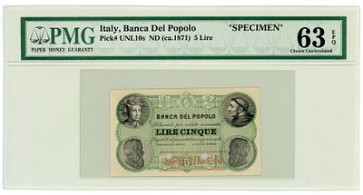 Италия Banka Del Popolo 5 лир 1871 г. ОБРАЗЕЦ SPECIMEN P-UNL10s PMG 63 EPQ UNC