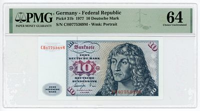 Германия ФРГ 10 немецких марок 1977 г. P-31b PMG 64 Choice UNC